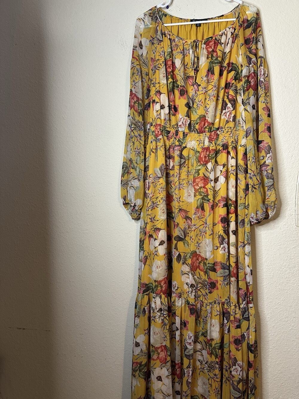 EUC Women’s INC XXL Yellow Floral Maxi Dress Long Sleeve Smocked Waist Lined